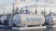 © Pixim Stock - Large white industrial storage tanks labeled h2 hydrogen at a clean energy production facility with pipes and infrastructure under a cloudy sky
