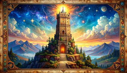 Tower of light on a mountaintop
