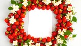 Fresh strawberries and jasmine flowers arranged in a circle around a blank white card