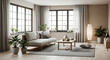 © makmurriansyah - Bright and spacious modern living room with cozy sofa coffee table and green plants.