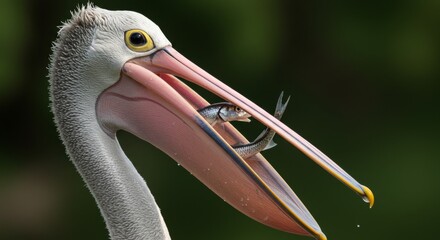 Close-up portrait of a pelican catching fish in its beak revealing a remarkable moment of nature demonstrating wildlife feeding habits
