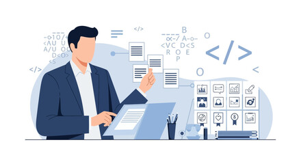 Vector illustration of a programmer working on code and project management tasks