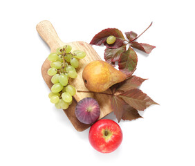 Wall Mural - wooden board with different fresh fruits on white background