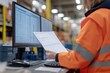 © Muhammad - Worker in safety gear reviewing documents at a warehouse with organized shelves in background