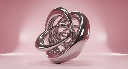 Abstract metallic sculpture, intricate knot design, reflective surfaces, pastel background