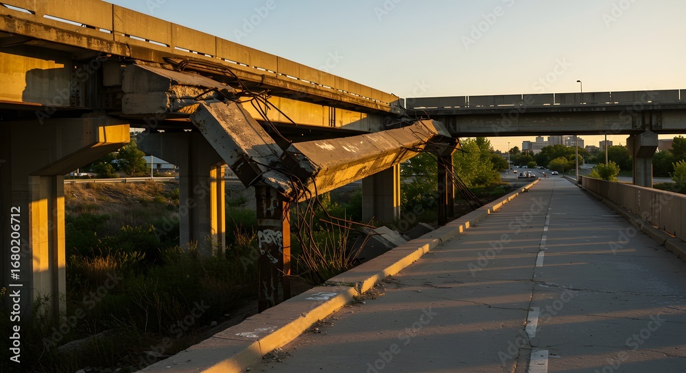 Decayed Bridge Damaged concrete overpass bridge section collapsed, revealing ...