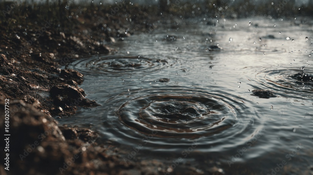 Raindrops creating ripples on a puddle in a wet, earthy environment ...