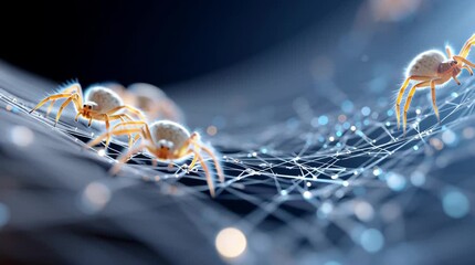 Glowing spider cobweb with delicate arachnid web network and insects crawling slowly on glowing dew drops in mysterious soft blue light