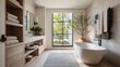 © ปฏิภาน ผดุงรัตน์ - Elegant and modern bathroom interior with a bathtub, natural light, and a sense of serenity. This well-designed space evokes a feeling of tranquility and comfort