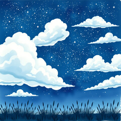 watercolor illustration of a starry night sky with incredible white clouds with zillion stars and gr