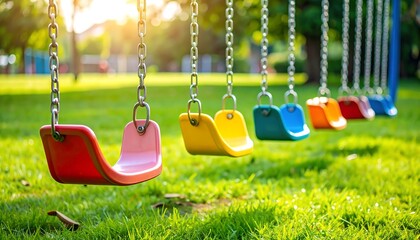 Colorful swings in park at sunset