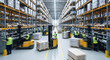 © stock for you - Warehouse in operation with numerous workers managing goods, showcasing organized storage and efficient logistics. The warehouse setting is filled with stacked boxes and forklifts