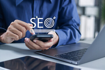 Wall Mural - seo, search engine optimization, web browsing, online world, and searching. businessman with seo ico