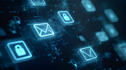 Mssp email sending data transfer security network. Predilection autonomous mail envelopes and padlocks IoT. Binary code email safety, social network email cloud. Bits bytes email filtering 