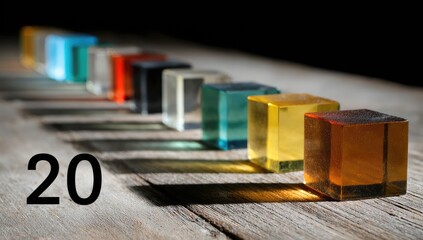 Colorful translucent cubes in a row on a wooden surface