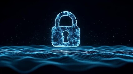 A glowing digital padlock hovers above a flowing wave of binary data, symbolizing cybersecurity and data protection.