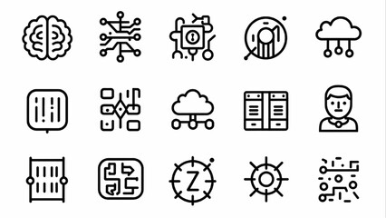 set of 12 artificial intelligence line art icons – brain, network, circuit, cloud, and binary code i