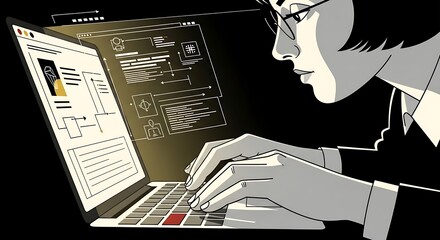 student with laptop focused professional working on digital interface