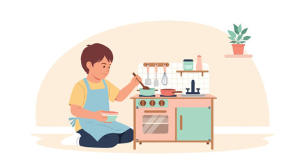 A young boy playing with a toy kitchen, cooking and having fun in his imaginary world