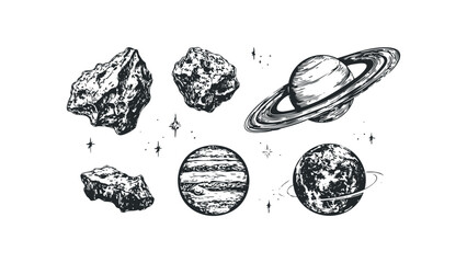 Wall Mural - Cosmic planets and asteroids on white background. Vector hand drawn illustration