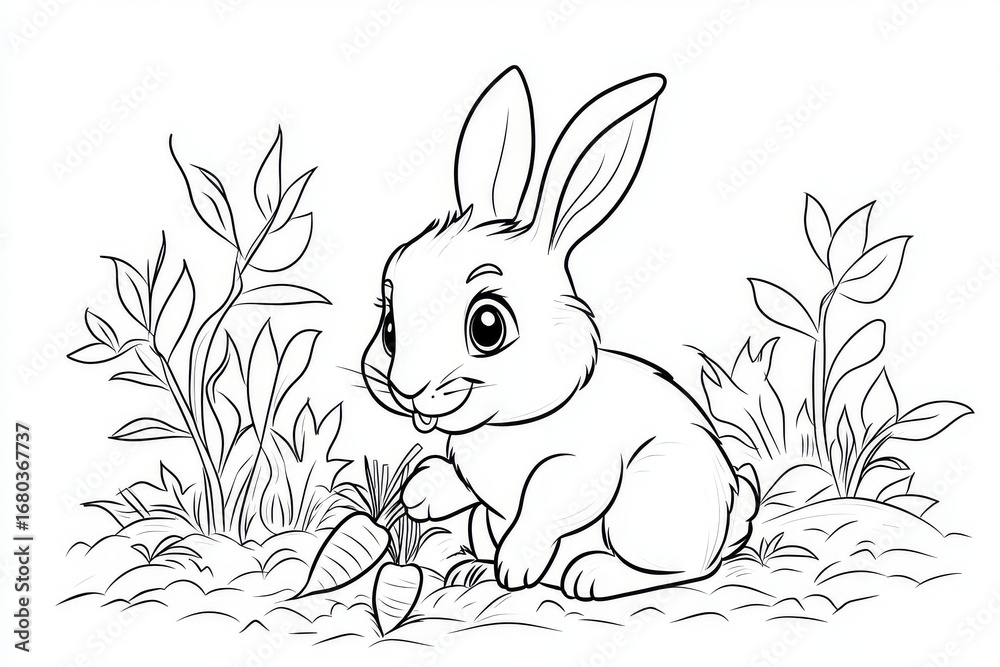 Pretty Garden Rabbit Colouring Cute rabbit planting carrots in garden coloring page, simple cartoon ...