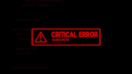 Red critical error message flashing on computer screen with code in background. 4k animation.