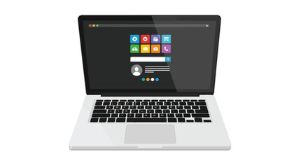 Laptop displaying a stylized login interface with colorful application icons and user profile, suggesting technology and online access