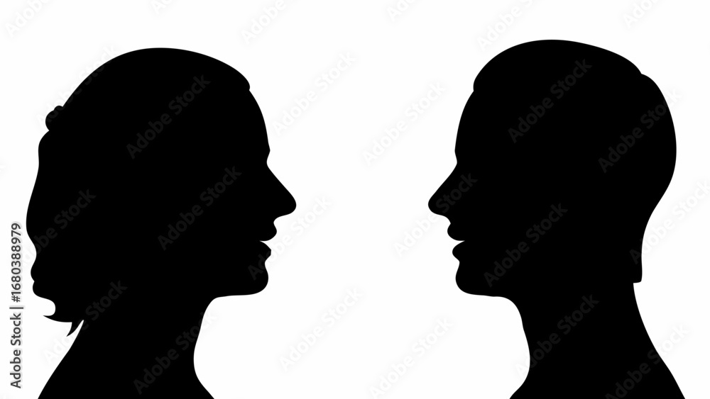 Silhouettes of two people facing each other in black against a white ...