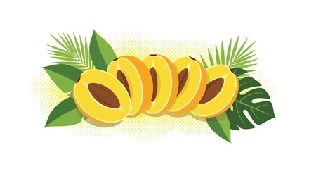 Sliced Apricots with Tropical Leaves Artistically Displayed on a White Background