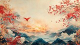 Chinese landscape with red plum blossoms and flying kite, traditional style background for poster design, cultural promotion, nature scenery decoration