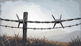 A weathered barbed wire fence stretches across a landscape