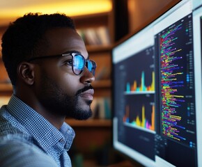 Focused programmer analyzing data on large computer screen