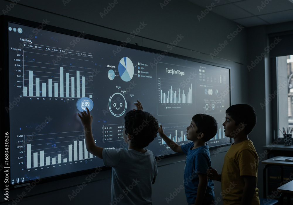 Three young boys interact with a large interactive display showing ...