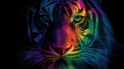  A striking close-up of a tiger's face featuring a mesmerizing display of colors including blue, green, and orange. The vivid patterns enhance the tiger's fierce and proud expression in darkness