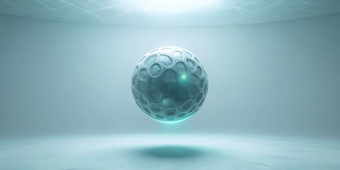 Mysterious glowing orb with intricate texture suspended in a minimalist room.