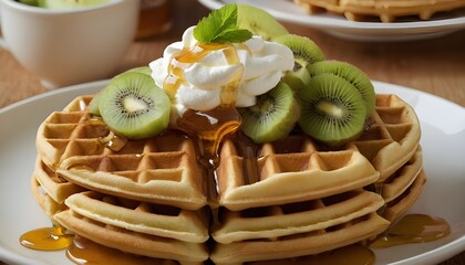 Wall Mural - waffles topped with kiwi fruit, honey, and whipped cream