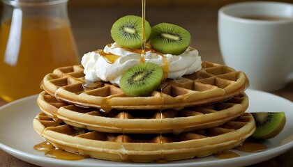 Wall Mural - waffles topped with kiwi fruit, honey, and whipped cream