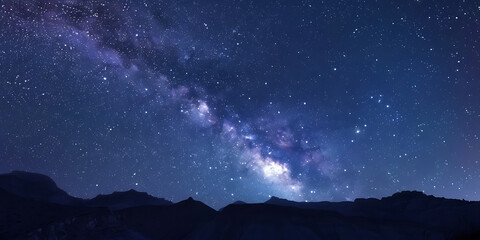 Milky Way arching over silhouetted mountains beneath deep starlit sky, serene vast awe-inspiring nocturnal night landscape