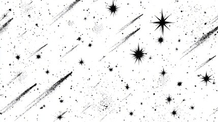 Wall Mural - Elegant shooting star design with black star trail on white background featuring sparkling stars, meteoroid, comet, and asteroid elements for celestial astronomy and space-themed artwork