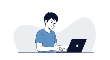 Focused Individual Working At His Laptop On A Desk, Creating Digital Content, Vector Illustration