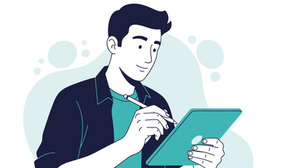 Illustrative Depiction Of Male Using Digital Tablet With Stylus For Creative Design Work