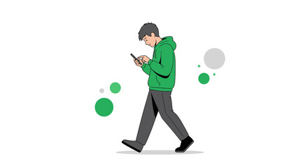 Man Walking While Texting on His Smartphone, Modern Technology and Communication