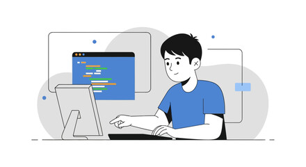 Young Developer Concentrating on Modern Coding Practices With Monitor and Program Code