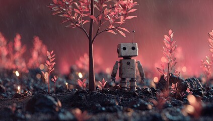 Lonely robot amidst rain-swept, pink flora