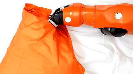 Wall Mural - Robotic Arm Handling an Orange Fabric on a White Surface