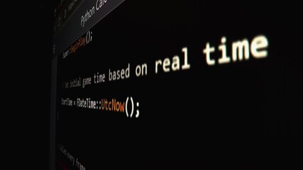 Closeup macro shot movement of coding script moving across LED screen with real-time AI-generated typing, showcasing advanced AI learning in optimization, debug and coding for software development.