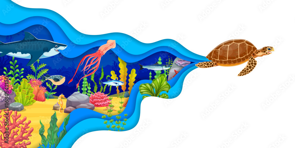 Underwater landscape paper cut banner with funny sea animals and ...