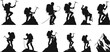 © MDALRAFIN - Silhouette of mountain climbers with ice axes, hiking, mountaineering gear, outdoor adventure, extreme climbing, peak expedition, vector illustration