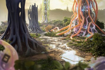 Envision vibrant futuristic park scenery with glowing trees and unique landscape