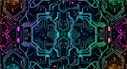 A vibrant and complex digital illustration of a futuristic motherboard with glowing symmetrical circuits and neon data streams, representing cyberspace and advanced technology